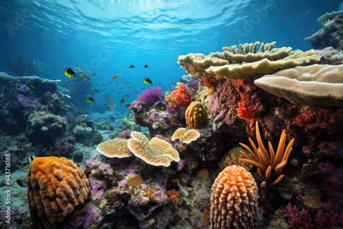 sea cucumber feeding among colorful coral reef