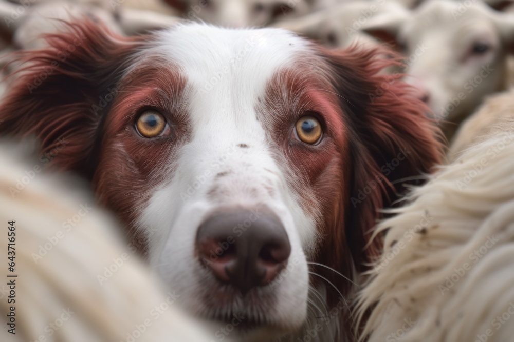close-up of sheepdogs eyes focused on fleeing sheep