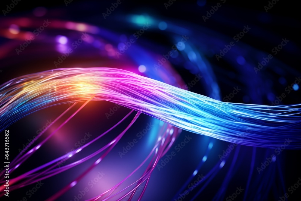 Colorful optic fiber electrical cables wires neon waves lines abstract 3d ai design background pattern glow colored streams information optical connection internet web multicolor data led technology - obrazy, fototapety, plakaty 