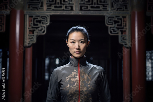 Conceptual portrait photography of a joyful girl in her 30s wearing a padded cycling jersey at the mausoleum of the first qin emperor in xian china. With generative AI technology photo