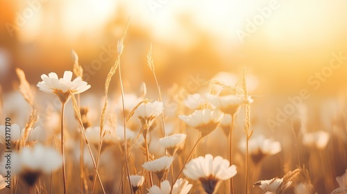 Abstract soft focus sunset field landscape of white flowers and grass meadow warm golden hour sunset sunrise time. Tranquil spring summer nature closeup and blurred forest background. Idyllic nature. #643717170