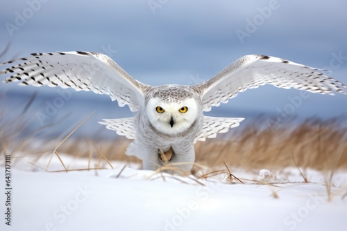 snowy owl diving towards a snow-covered field, targeting its prey photo