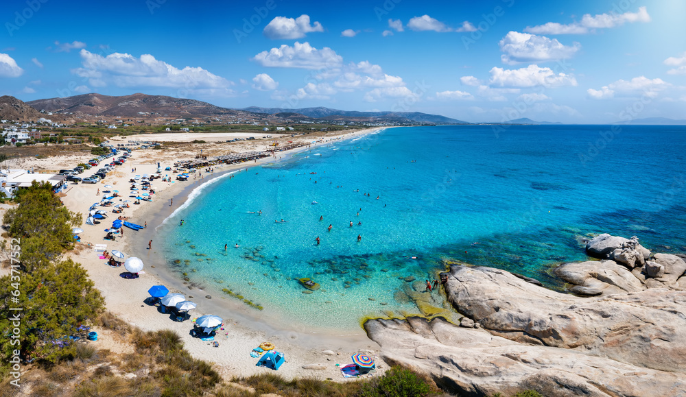 Panoramic aerial view of the Mikri Vigla beach with turquoise sea at Naxos island, Cyclades, Greece