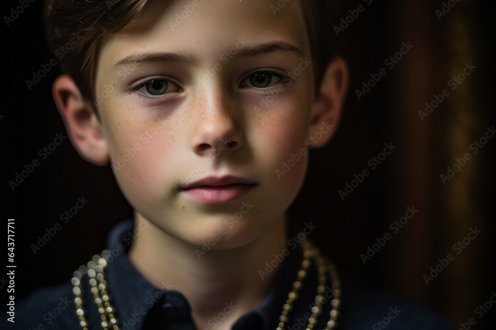 Obraz premium Close-up portrait photography of a glad boy in his 30s wearing a chic pearl necklace at the palace of westminster in london england. With generative AI technology
