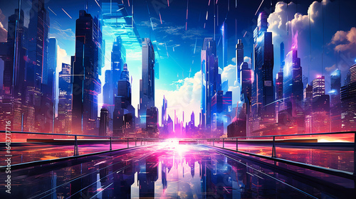 Revel in the cityscape of towering neon glass skyscrapers