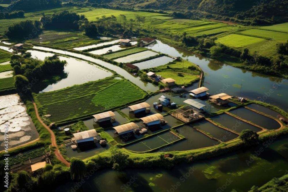 aerial view of eco-friendly fish farm ponds