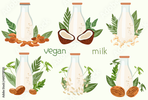 Plant based milk concept, Alternative, non-dairy drinks for health conscious consumers. Organic lactose free options like almond, cashew, pine nut, coconut milk. Milk in bottle glass. Vector