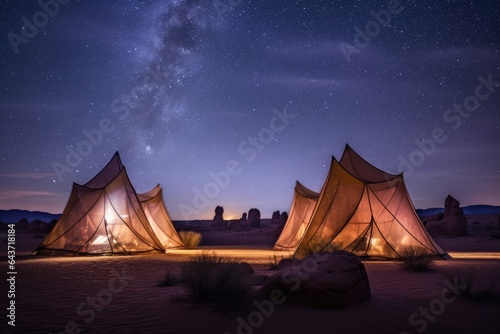 tents under a starry night sky in a desert landscape