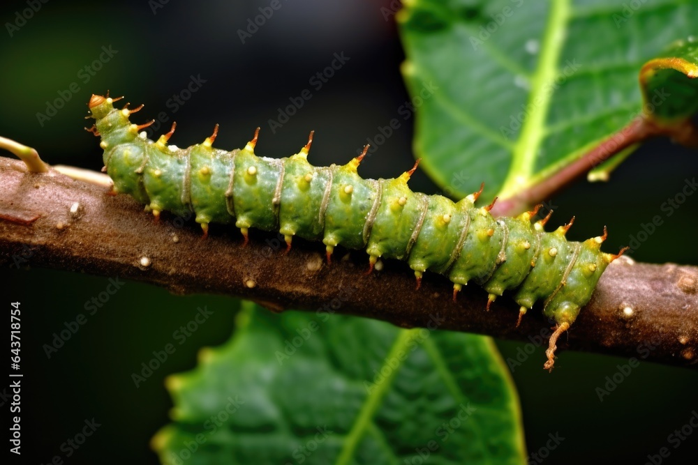 close-up of caterpillar eating a leaf on a branch close-up of caterpillar eating a leaf on a branch