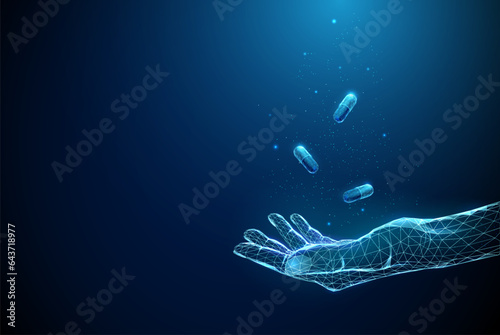Abstract blue giving hand with flying medical capsules. Low poly style design. Availability of medicines concept.