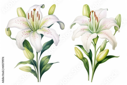 Watercolor image of a set of lily flowers on a white background © Veniamin Kraskov
