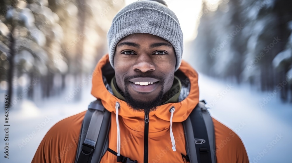 Winter hiker or cross country skier, African American man in warm clothes with snow covered landscape background. Winter hiker or cross country skier, African American man in warm clothes with snow covered landscape background.