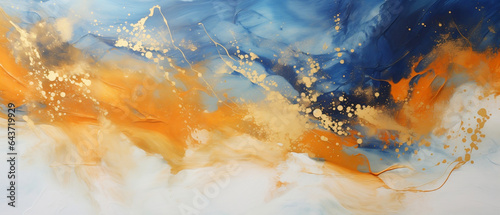 Tło - olej na płótnie. Dekoracyjna złota farba. Piękny obraz. Sztuka nowoczesna. Plamy w kolorze granatowym i pomarańczowym © yeseyes9