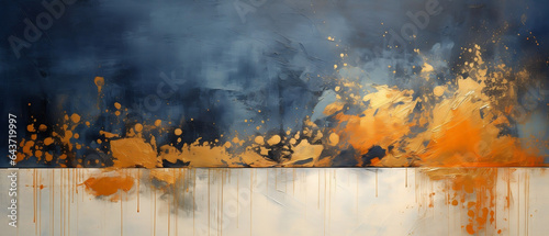 Tło - olej na płótnie. Dekoracyjna złota farba. Piękny obraz. Sztuka nowoczesna. Granatowe tło i pomarańczowe plamy © yeseyes9