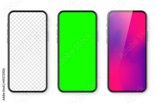 Smartphone with blank touch screen and abstract colorful wallpaper, green chroma key background. Frameless mobile phone in front view. High quality detailed device mockup. Vector illustration