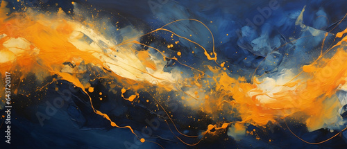 Tło - olej na płótnie. Dekoracyjna złota farba. Piękny obraz. Sztuka nowoczesna. Granatowy background. © yeseyes9