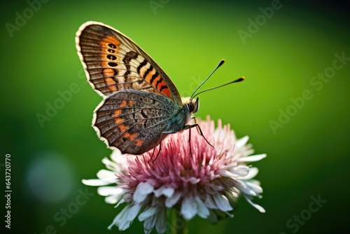 a butterfly resting on a blooming clover flower © altitudevisual
