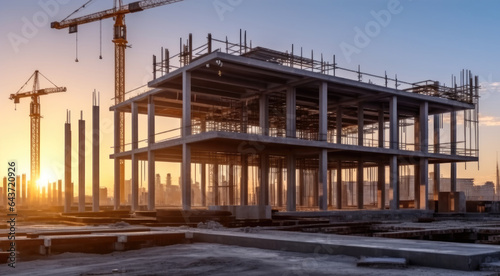 A construction site with yellow tower crane.