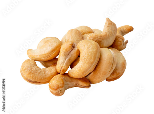 Top view of roasted brown cashew nuts in stack isolated on white background with clipping path.