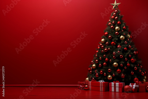 Christmas tree with gift boxes on red background. Christmas background with copy space for text or product display.