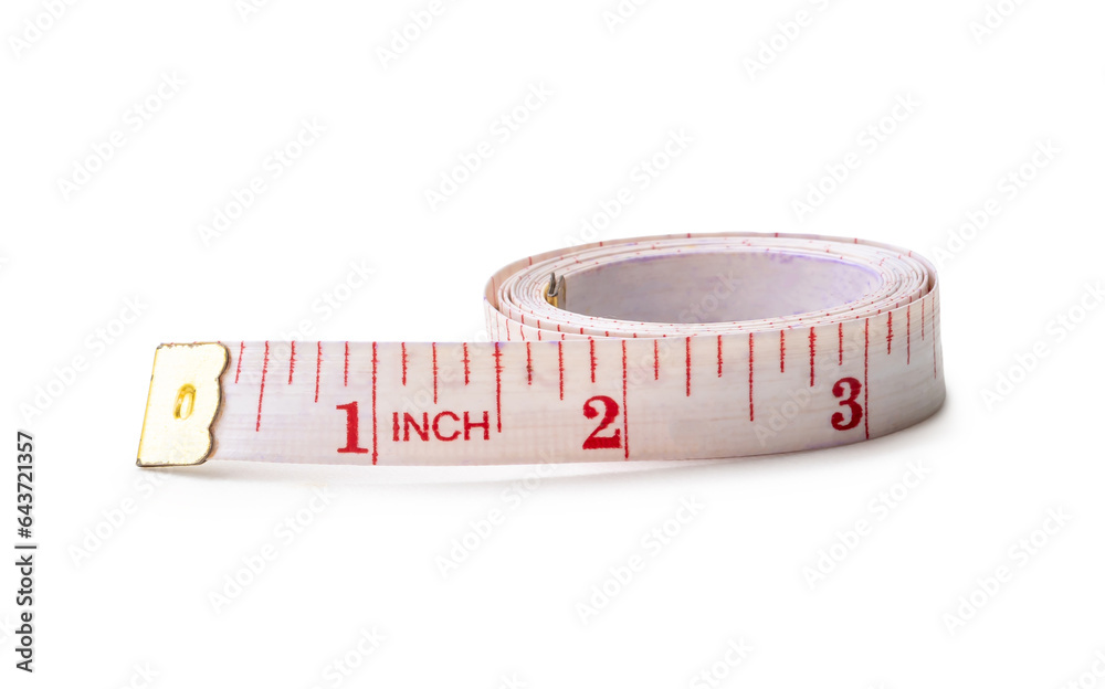 White rolling tape measure or tapeline with scale number isolated on white background with clipping path White rolling tape measure or tapeline with scale number isolated on white background with clipping path