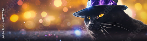 Banner with cute cat in witch hat on shiny bokeh background. Halloween postcard with copy space. Generative AI