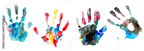 Set colorful hand print, paint watercolor isolated on white, clipping  