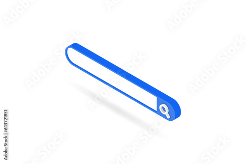 Isometric search bar icon with magnifying glass. Url window, web address field, browser cell button for ui, search engine optimization, navigation concept. Isolated 3d vector on left view angle