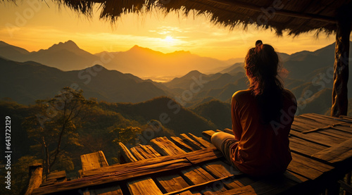 Picture from the back of a woman sitting on wooden porch extending into a high mountain cliff. The sun is setting on the mountain and there is a beautiful warm orange light. The traveling background.