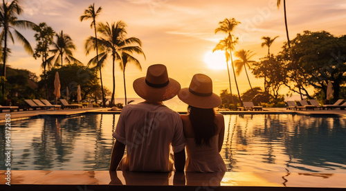 Young couple traveler relaxing and enjoying the sunset by a tropical resort pool while traveling for summer vacation