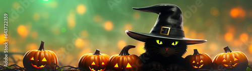 Festive banner with cute cat in witch hat on halloween background with orange pumpkins. Jack O Lantern. Postcard with copy space. Generative AI photo