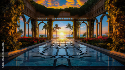 Illustration of a majestic entrance to a luxury hotel in a tropical location. It features a beautiful sunset with amazing views of he ocean. A perfect summer vacation. photo