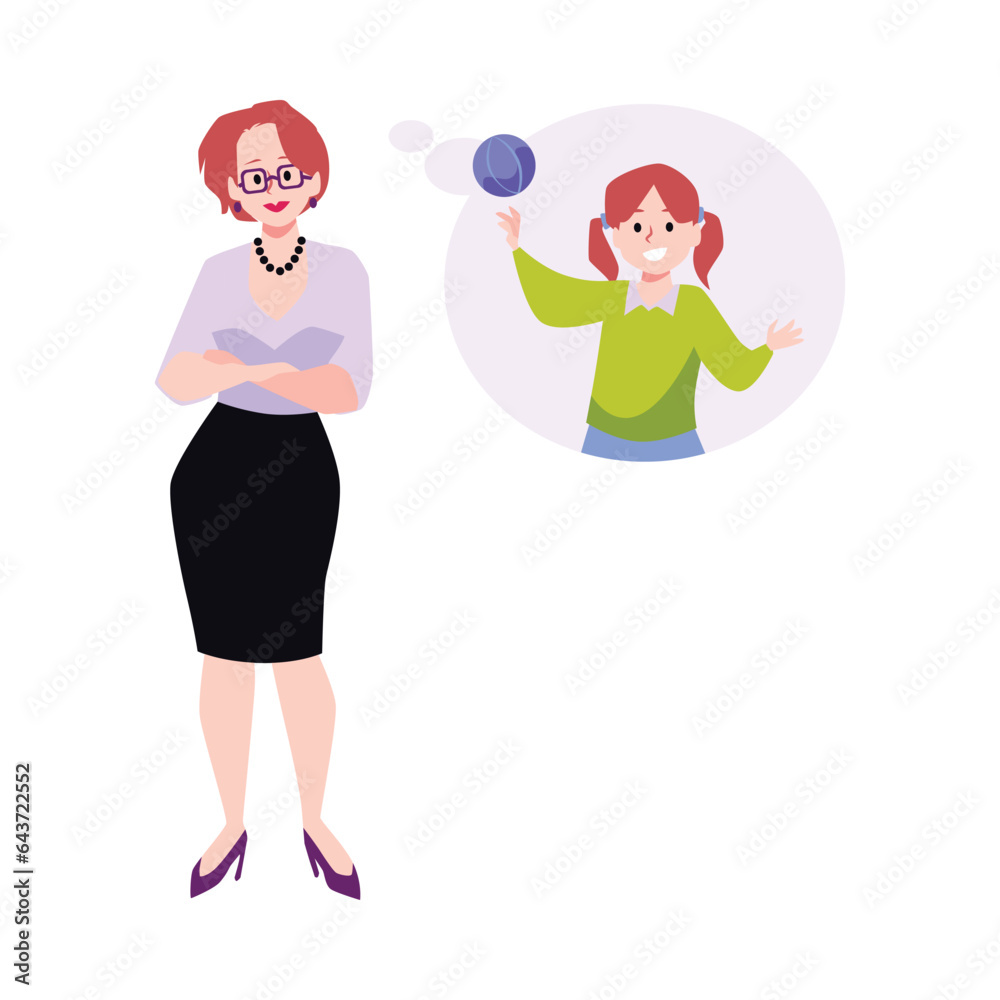 Adult woman thinking about childhood, flat vector illustration isolated on white background. Adult woman thinking about childhood, flat vector illustration isolated on white background.