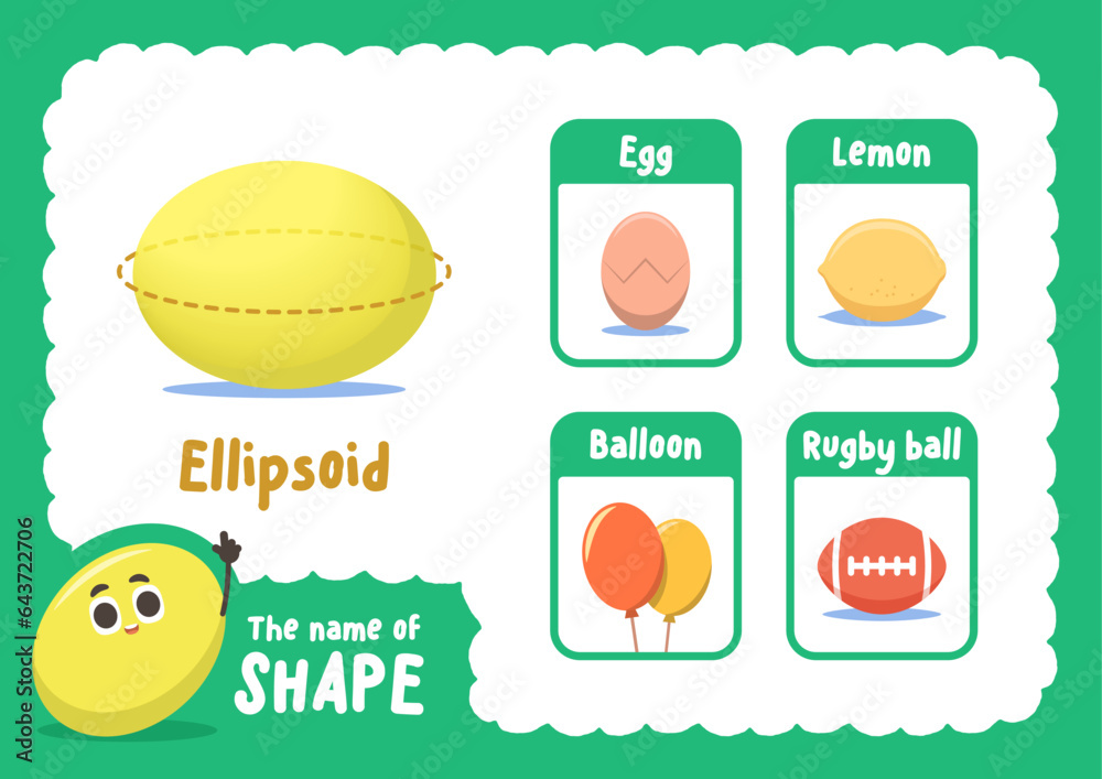 Learning ellipsoid shape sheet with object cards, illustration cartoon vector design on white background. kid and study game concept.
