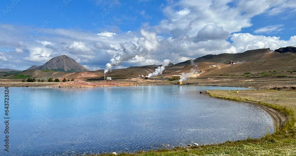 Naklejka premium Steams coming out from Myvatn Geothermal Field in Iceland