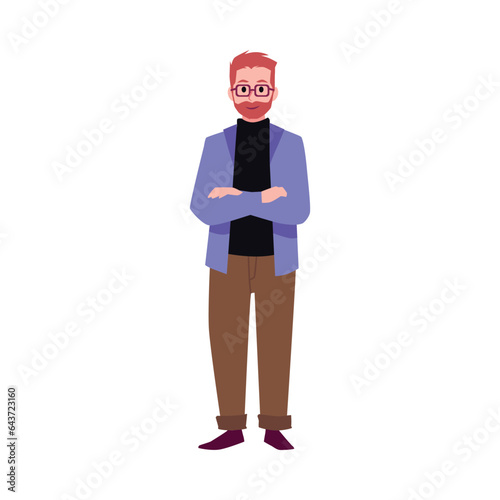 Standing young man with crossed arms on chest flat style, vector illustration