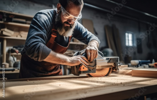 Man carpenter using circular saw while working on a piece of wood in home workshop.