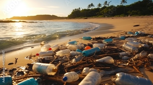 Beach full of garbage, Beach polluted with trash and plastics, Concept of ocean pollution and environmental destruction.