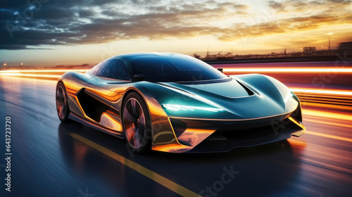 powerful acceleration of futuristic sports supercar on highway track. © visoot