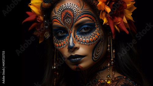 Face make-up of a Mexican woman at the Dia de los Muertos holiday, surrealism.