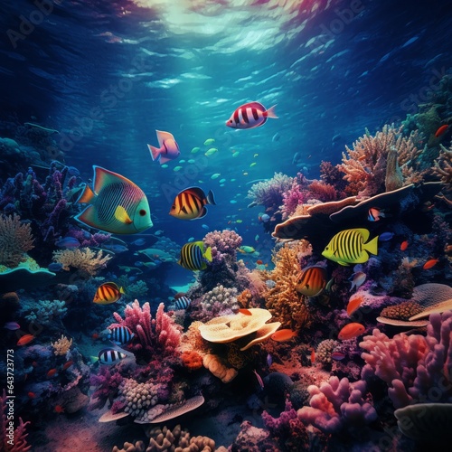 Ocean coral reef underwater view. Animals of the underwater sea world background. Beautiful view of sea life. Ecosystem.  © Zuyu