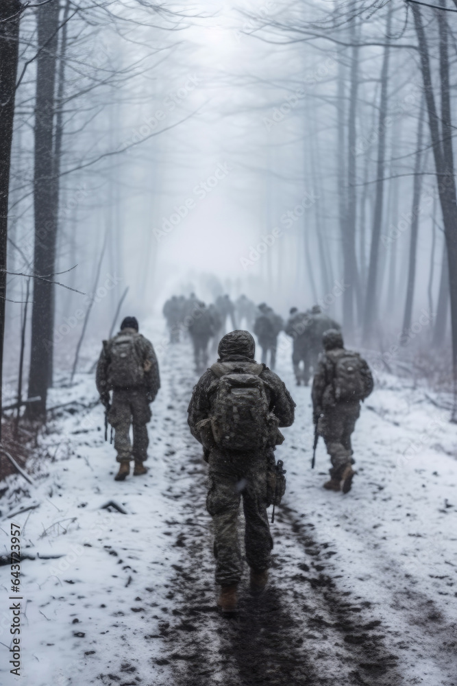 Rear view, Group of infantry soldiers in uniforms walking over snow covered landscape, Military conflict or war concept. Rear view, Group of infantry soldiers in uniforms walking over snow covered landscape, Military conflict or war concept.