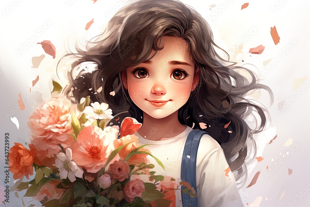 Cute girl with a bouquet of flowers. Illustration