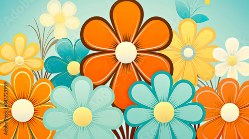 70s Retro Style poster art with flowers  and retro colors such as orange  pale blue  yellow and greens. Background texture or wall art.