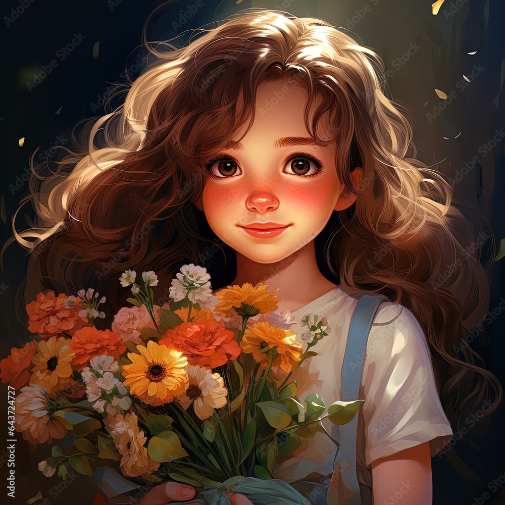 Cute girl with a bouquet of flowers. Illustration Cute girl with a bouquet of flowers. Illustration