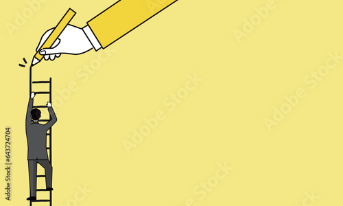 はしごを描く大きな手と登るビジネスマン、ベクターイラスト