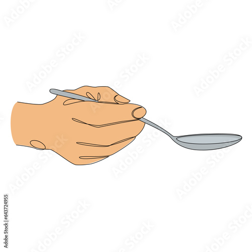 Silhouettes of a man's hand holding a spoon in a modern one line style. Continuous line drawing, aesthetic outline for home decor, posters, wall art, stickers, logo. Vector illustration.