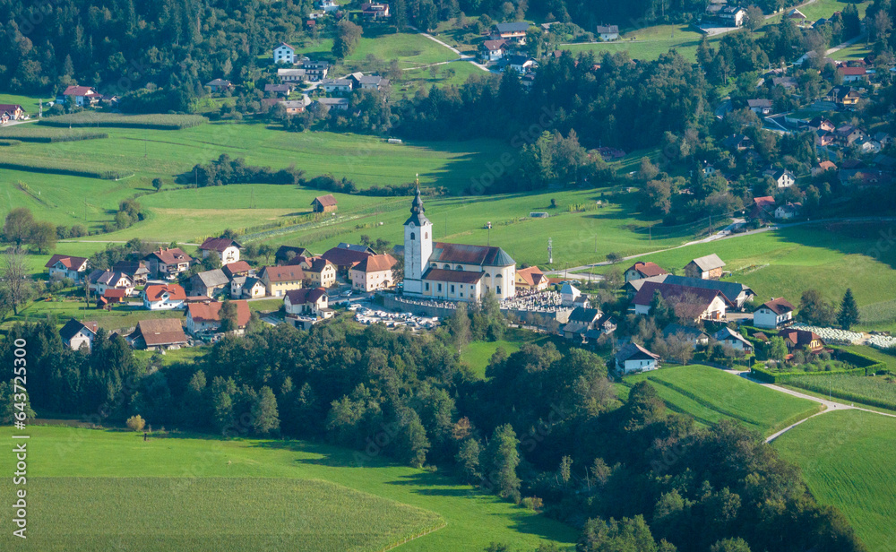 Aerial view of village Krka in river Krka valley, Slovenia