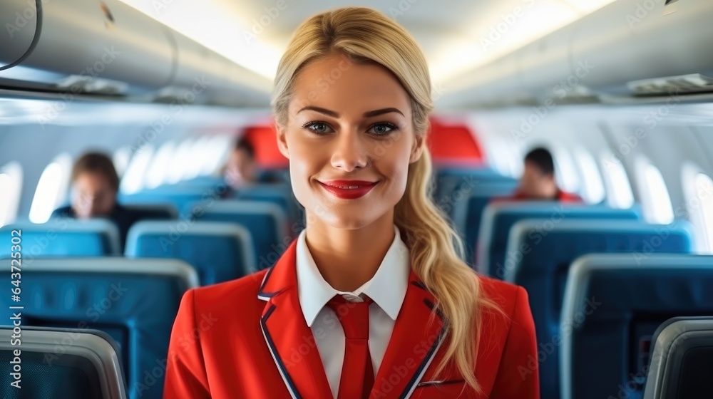 stewardess Photo & Art Print Beautiful woman flight attendant, Air hostess serving,  Female airline stewardess at Airplane, visoot