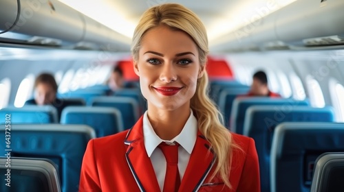Beautiful woman flight attendant, Air hostess serving, Female airline stewardess at Airplane.